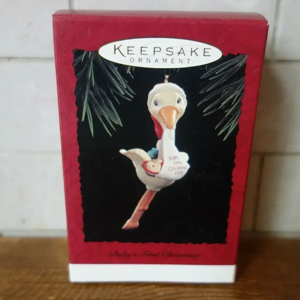 NEW Vintage Hallmark Ornament Baby's First Christmas Stork Holding Baby 1995